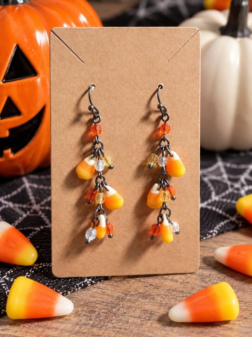 Candy Corn Beaded Dangle Earrings Halloween Acrylic Beads Fall Colors 2.25 In